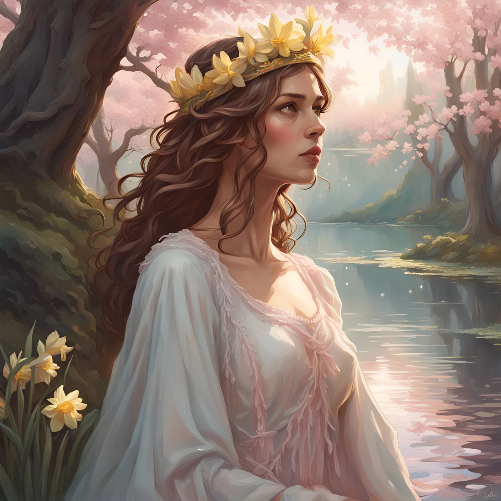 Forest Princess Contemplates Pearl Lake: Hyperdetailed Portr...