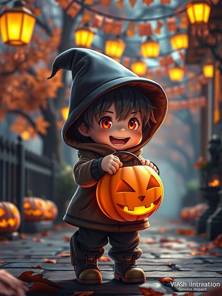 Playful Trick-or-Treater with Jack-o'-Lantern on Halloween N...