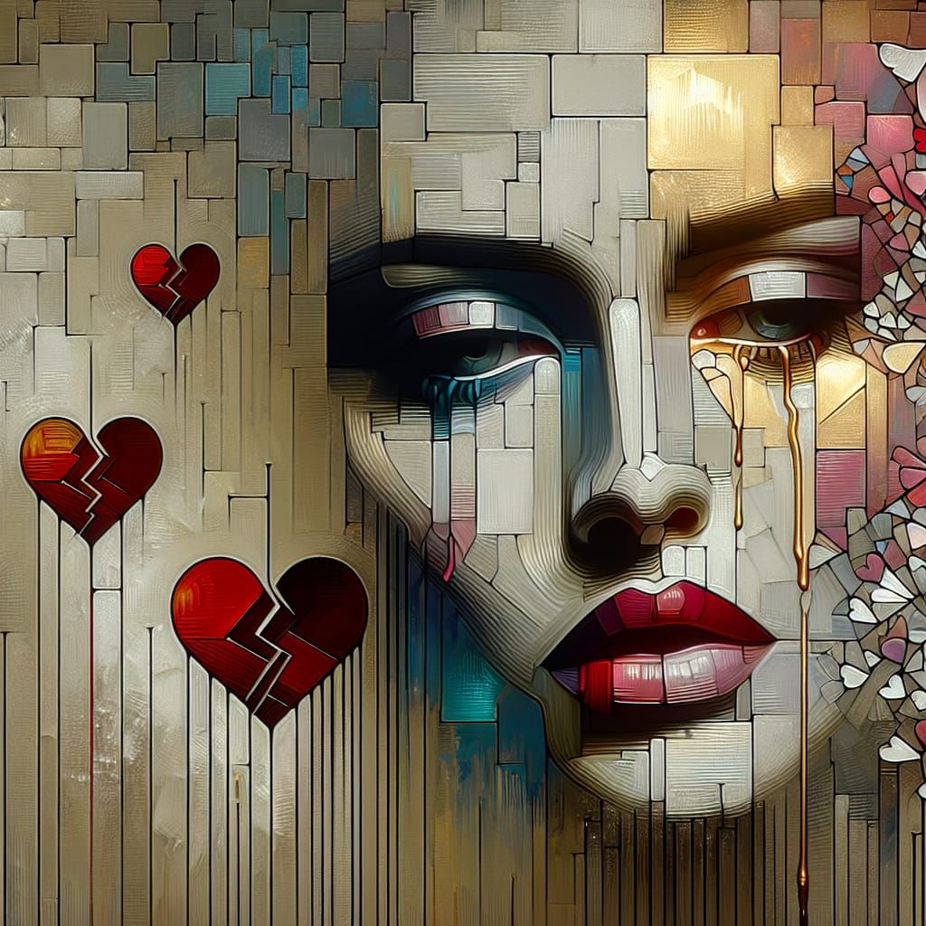 Abstract Crying Woman Portrait with Broken Hearts
