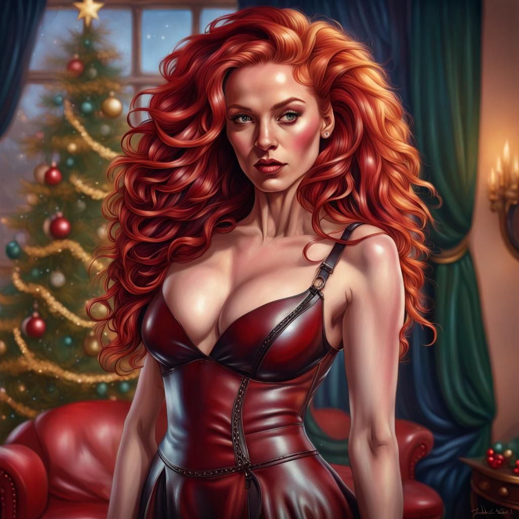 Woman in Leather Gown, Hyperrealistic Splash Art