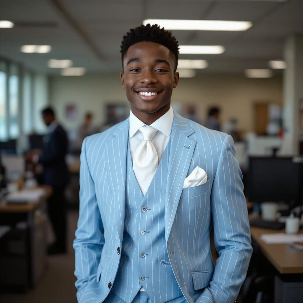 Teenage Man in Blue Pinstripe Suit in Office