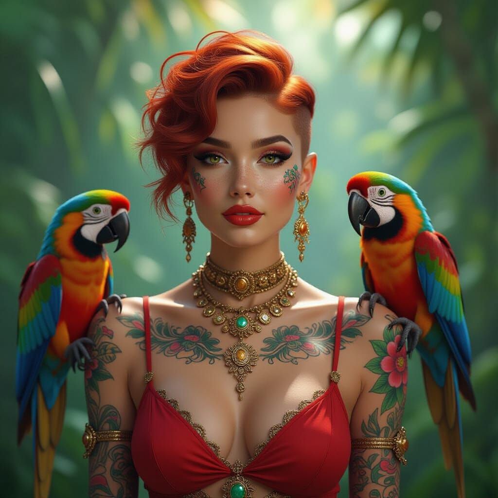 Woman with Parrot Body Paint in Lush Jungle