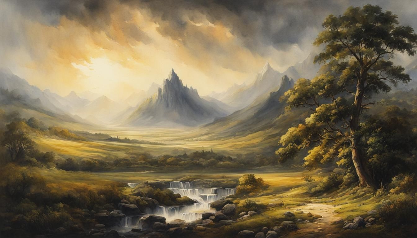 Epic Watercolour Landscape with Dramatic Lighting