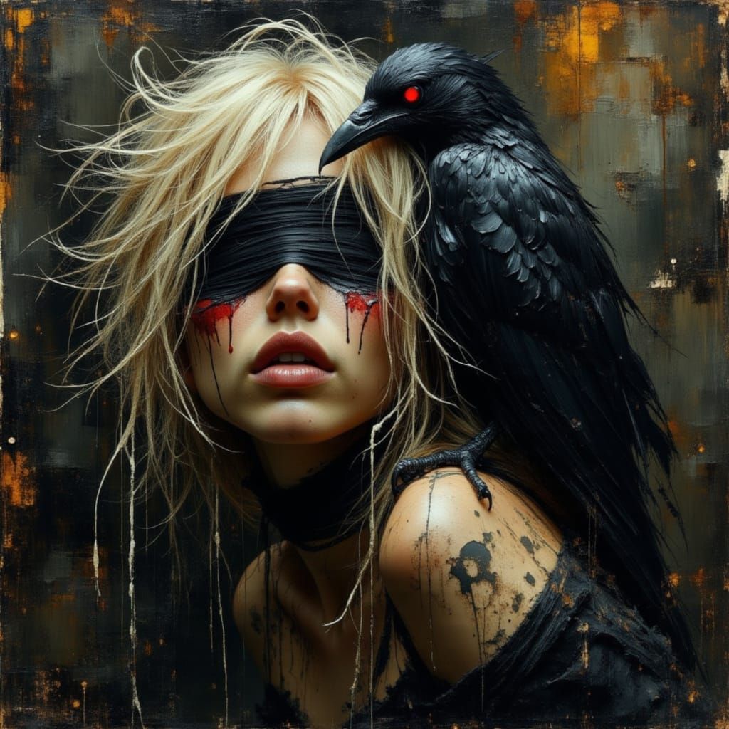 Raven Perched on Woman in Impasto Style