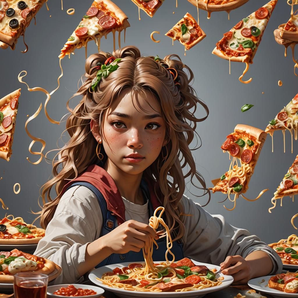 Girl with Pizza and Noodles: Detailed Portrait