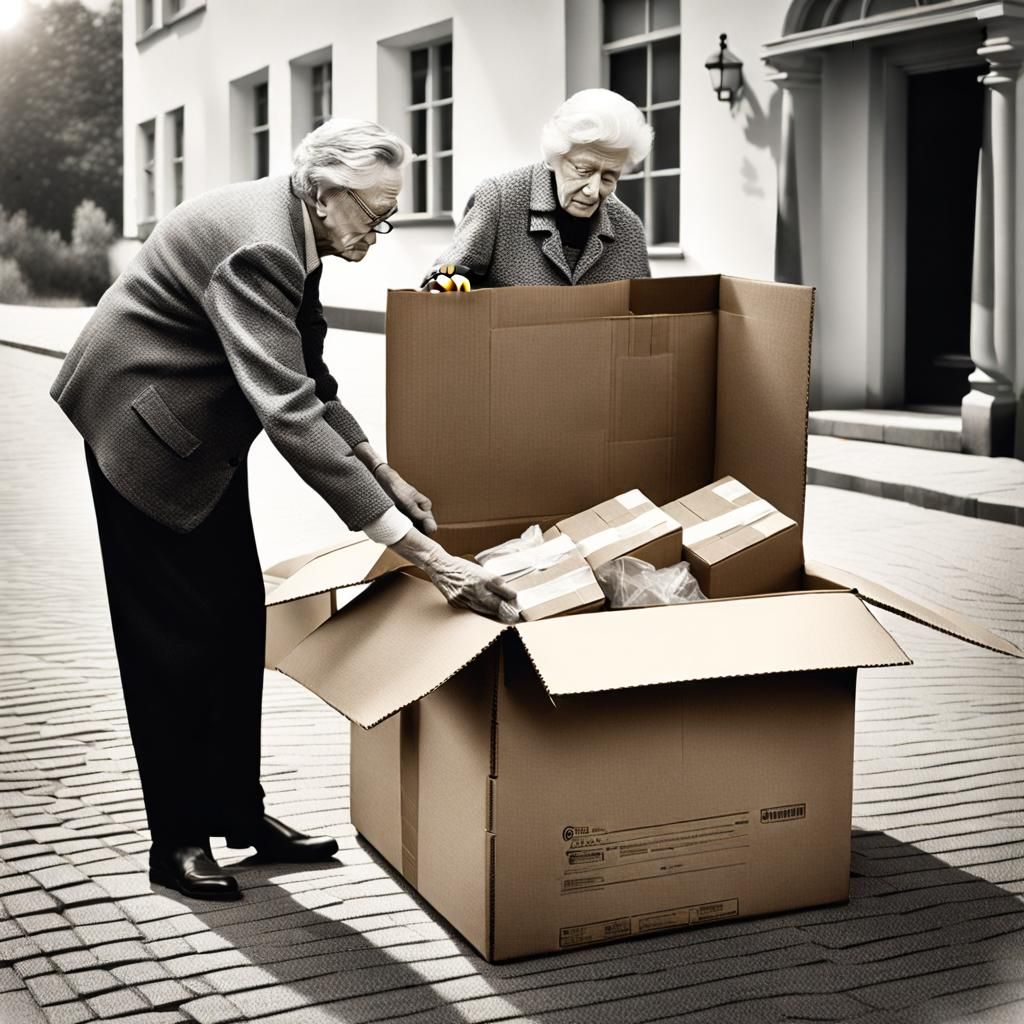 Vintage Photo: Man Unboxing Woman from Cardboard Box