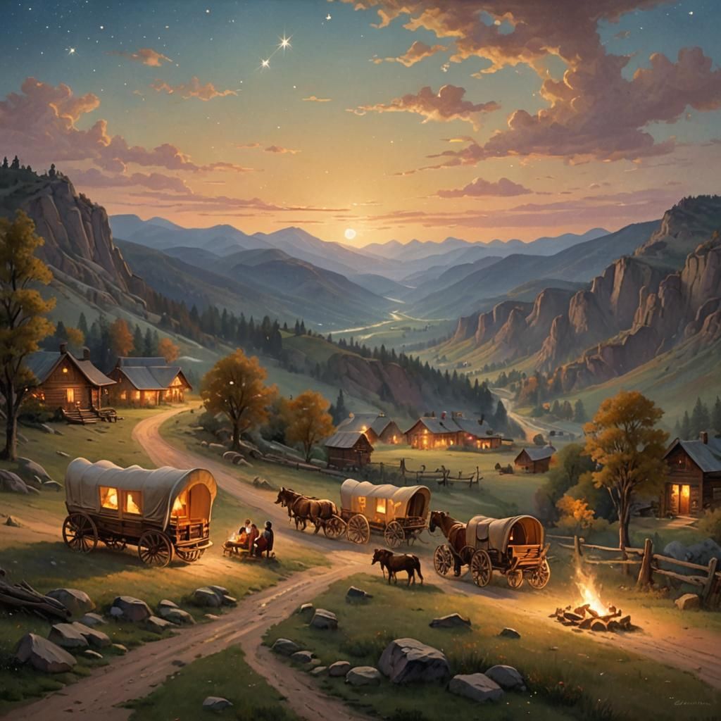 Covered Wagon Train at Night in Impressionistic Style