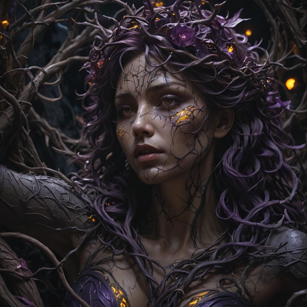 Dark Fantasy Figure in Shadow and Vines