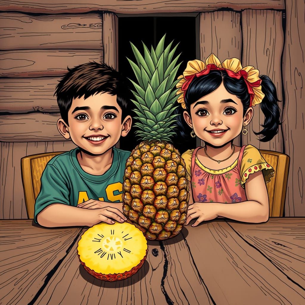 Hispanic Children at Table with Pineapple, Comic Book Style