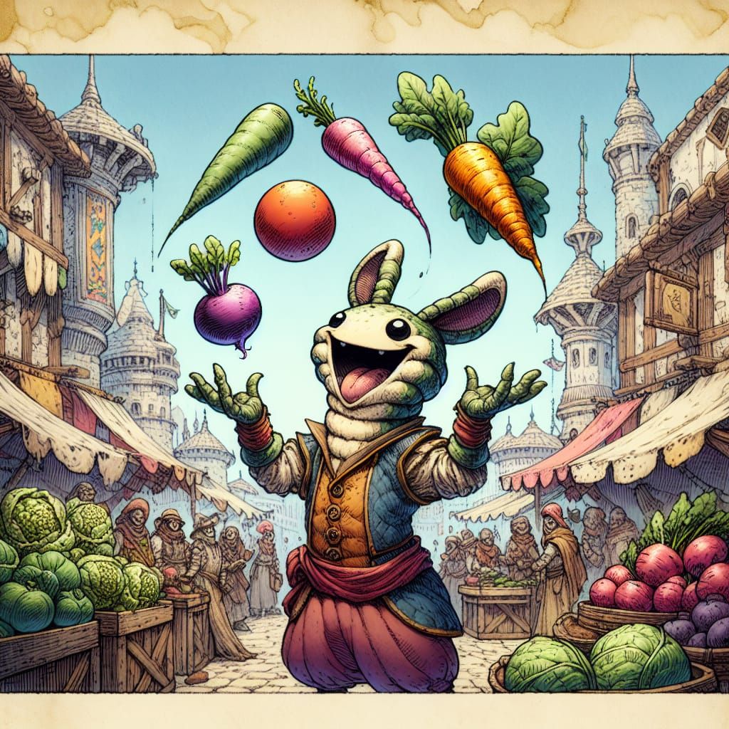 Fantasy Caterpillar Juggler in Bustling Marketplace