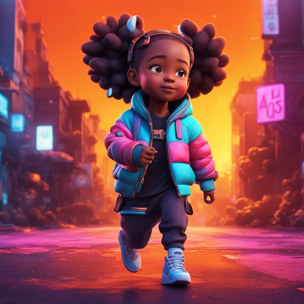 Vibrant Graffiti Portrait of a Young Black Girl Walking in W...