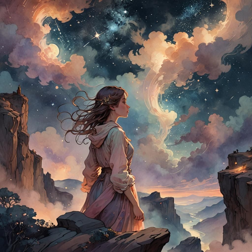 Girl Gazing at Starry Night Sky in Watercolor