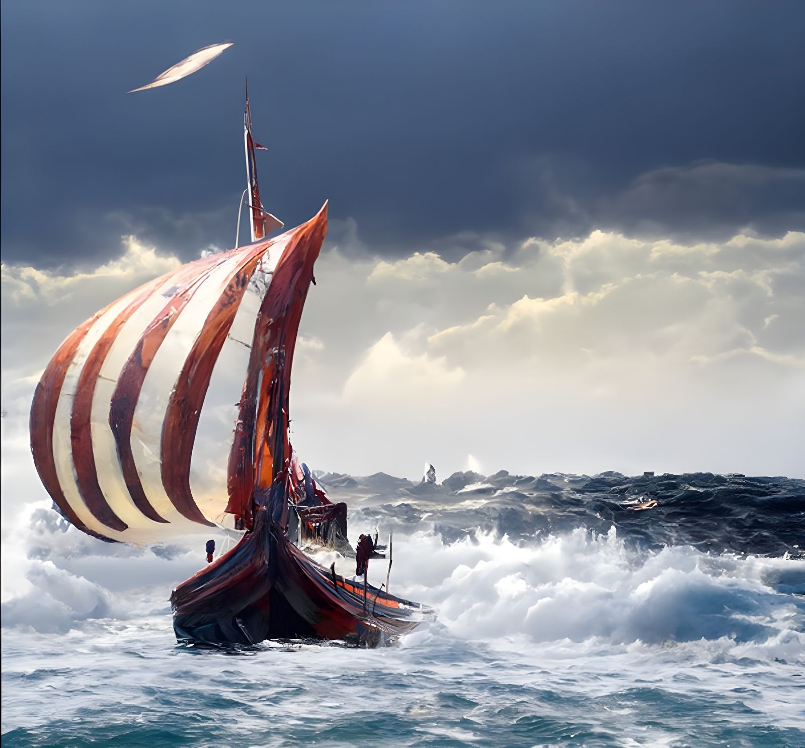Viking longship on a murky stormy sea