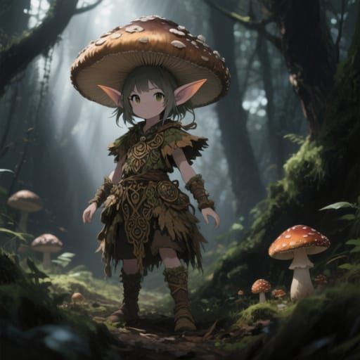 Mushroom Pixie in Mystical Forest, Dark Realism