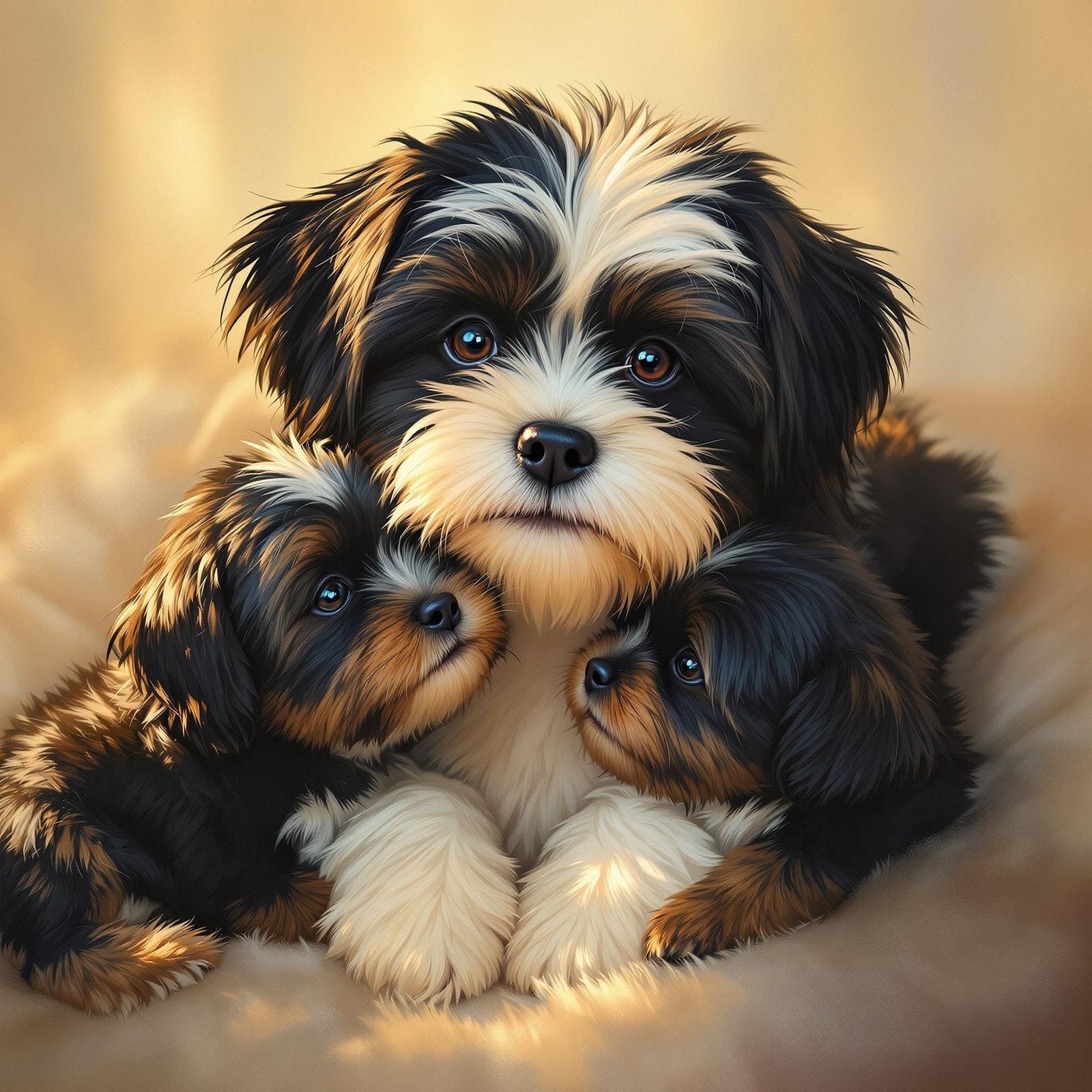 Warm Family Portrait of Havanese Dog and Puppies in Golden L...