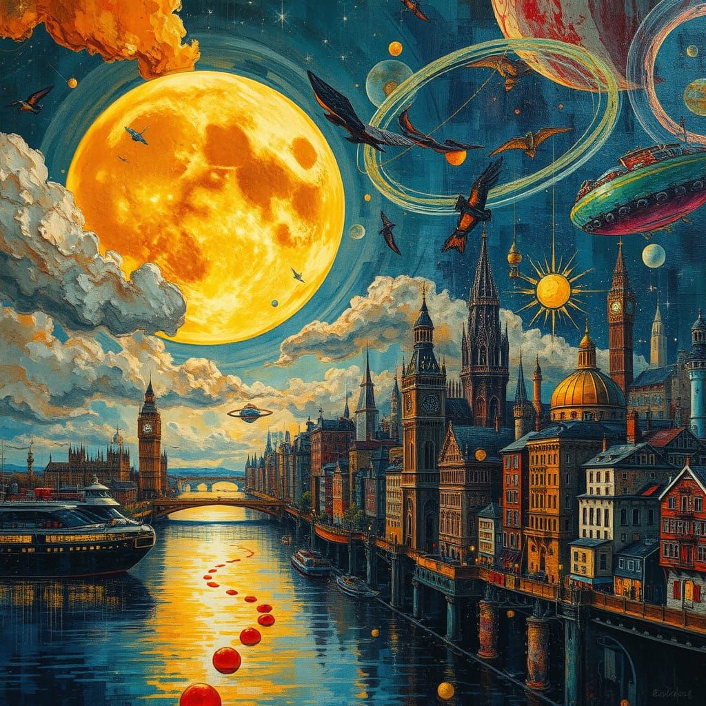 Surreal Cityscape with Cosmic Dreamscape