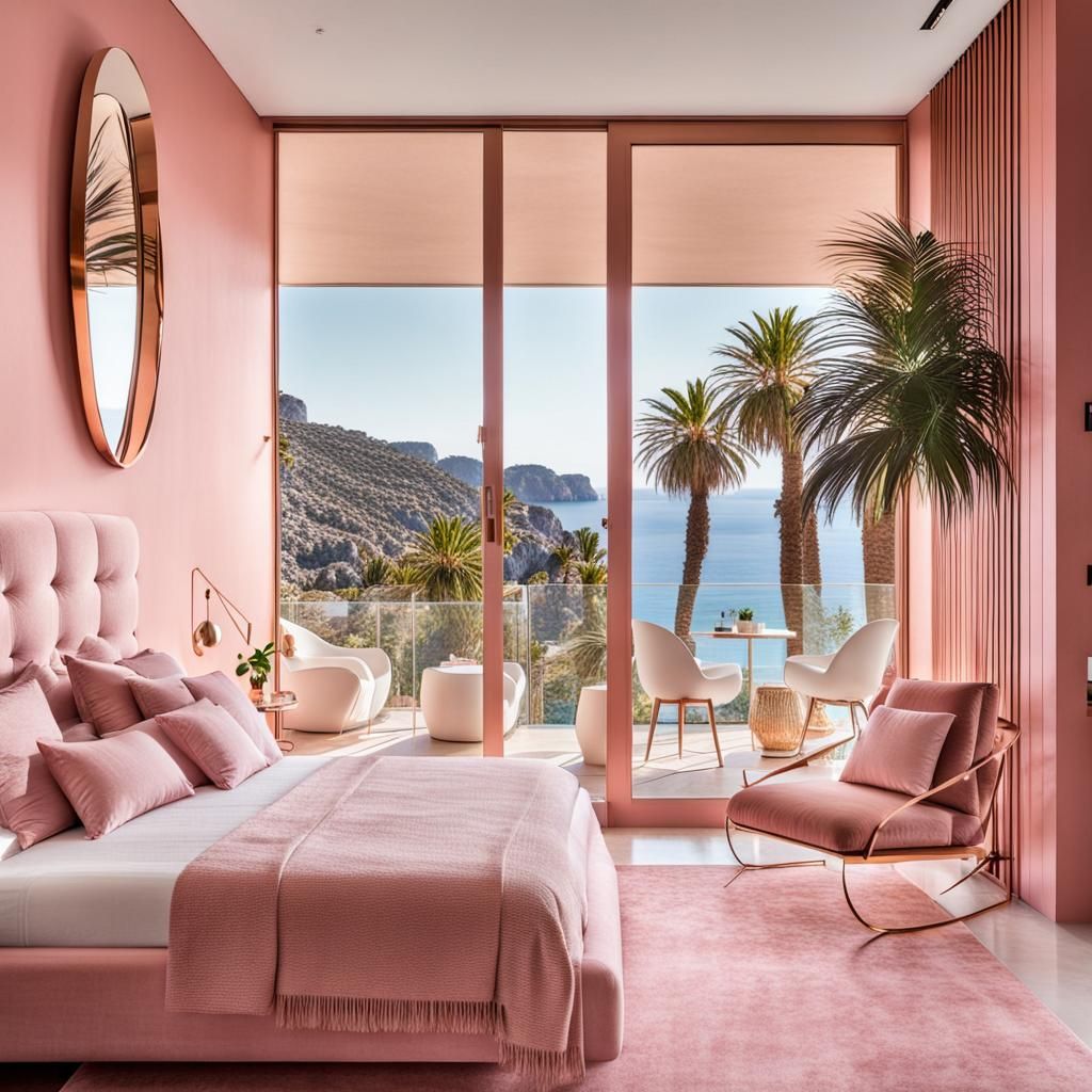 Modern Pink Bedroom with Rose Gold Mirror, Mallorca