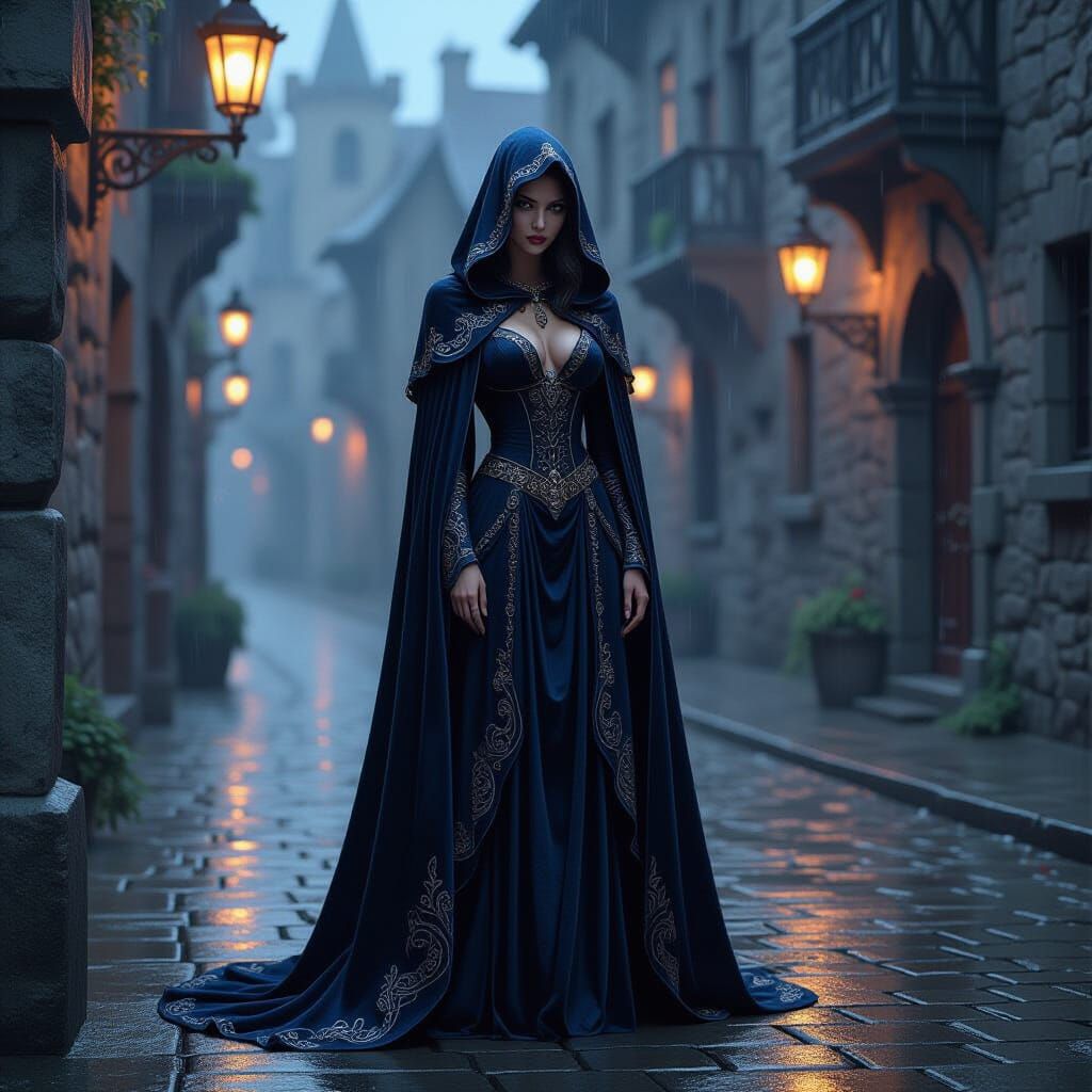 Elegant Sorceress in Rain Amidst Gaslight Glow