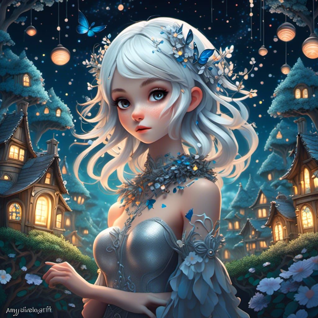 Enchanting Silver-Haired Pixie Tribe in Graffiti Art Style