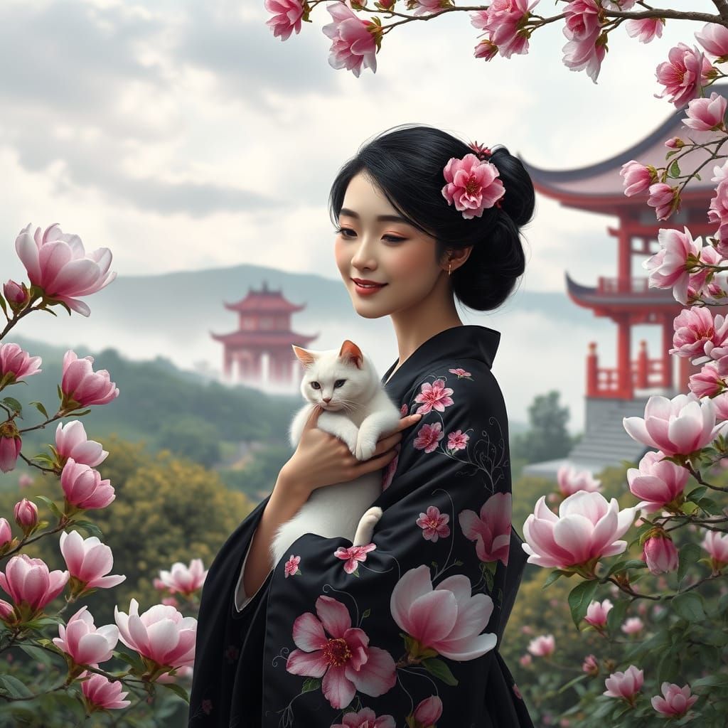 Enchanting Asian Garden Scene with Gentle Woman and Majestic...