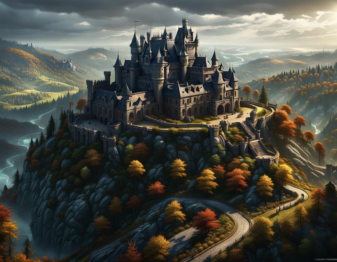 Dark Fantasy Mansion Overlooking Village