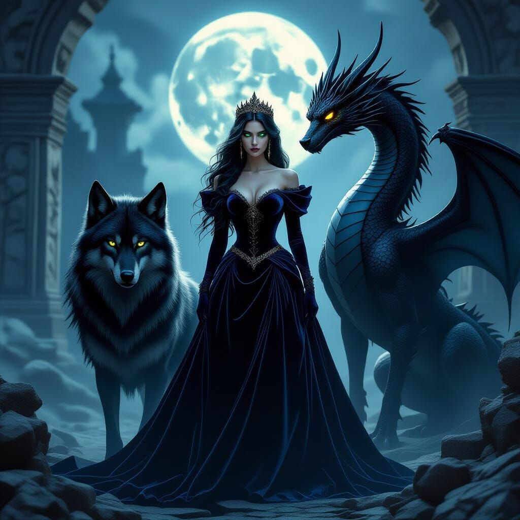 Dark Princess with Wolf and Dragon in Moonlit Ruins