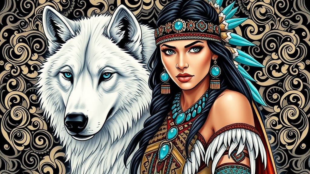Native American Warrior Goddess with White Wolf in Comic Sty...