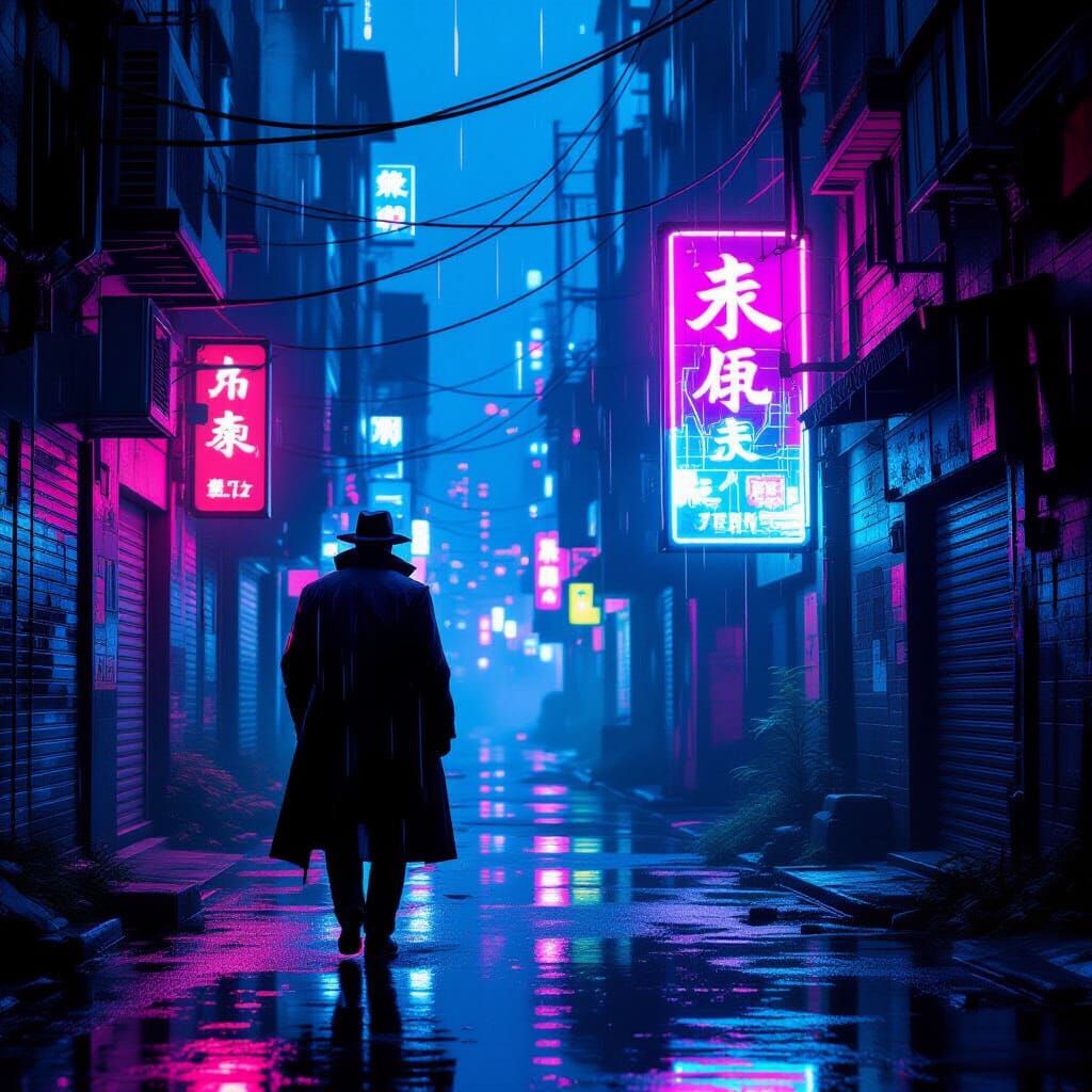 Lone Detective in Neon-Drenched Cyberpunk Alleyway