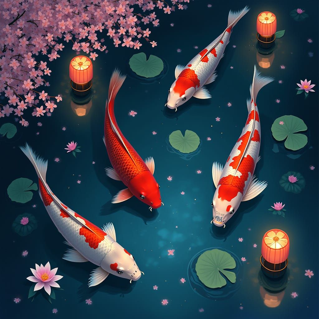Night Koi Pond with Lanterns in Japanese Style
