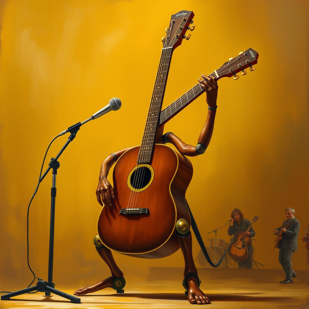 Humanoid Guitar Sings in Concert Hall, Imaginative Realism