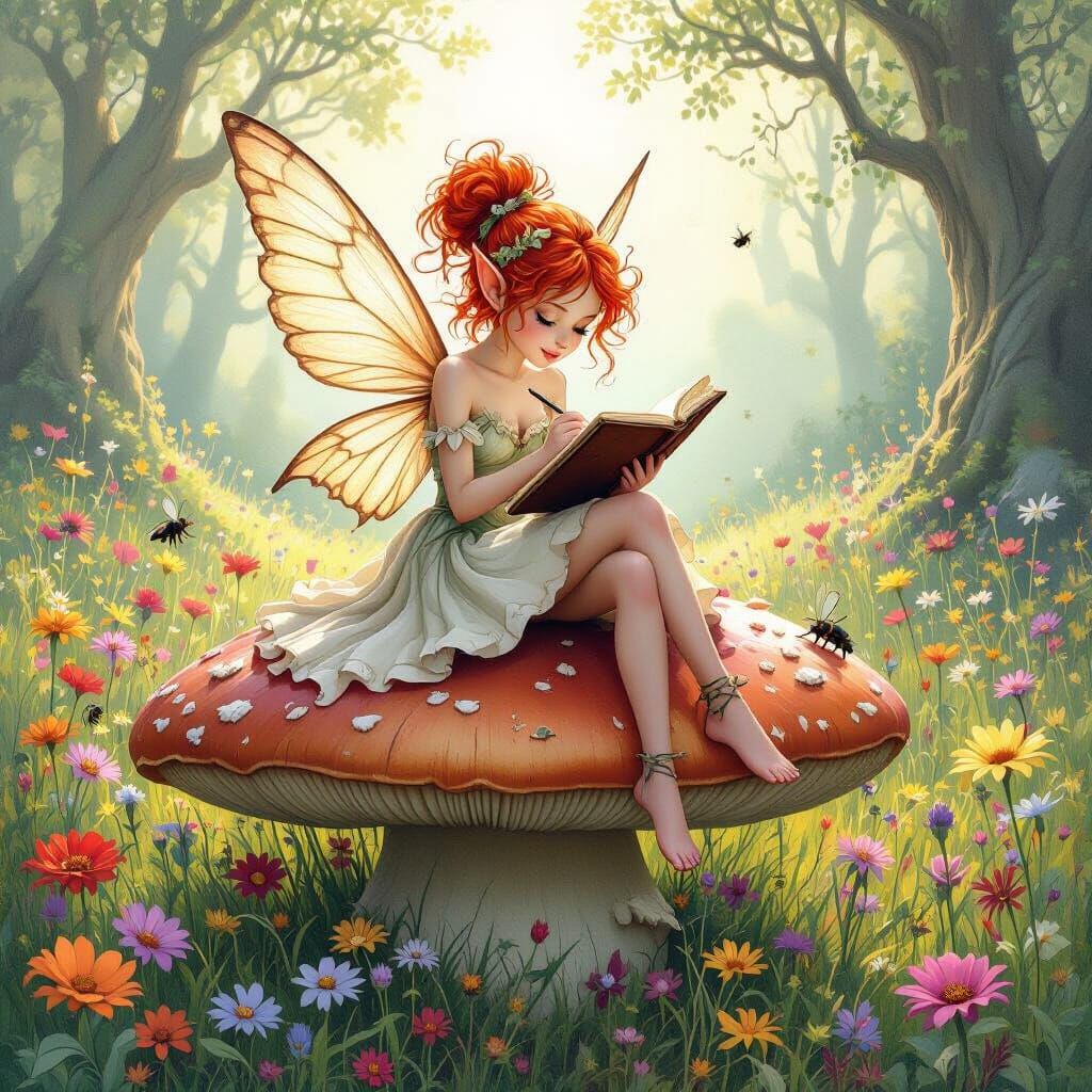 Pixie Sketching in Meadow, Storybook Illustration