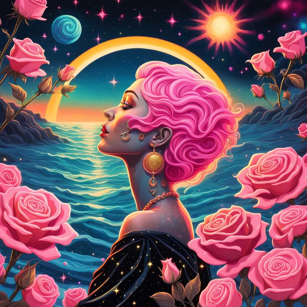 Goddess with Neon Hair in Flower Galaxy