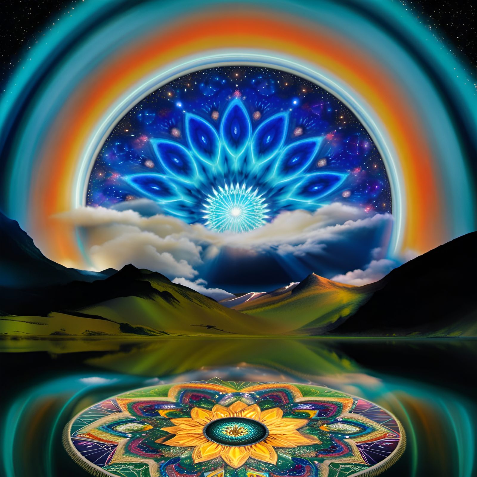 Bioluminescent Mandalas Under Starry Night Sky