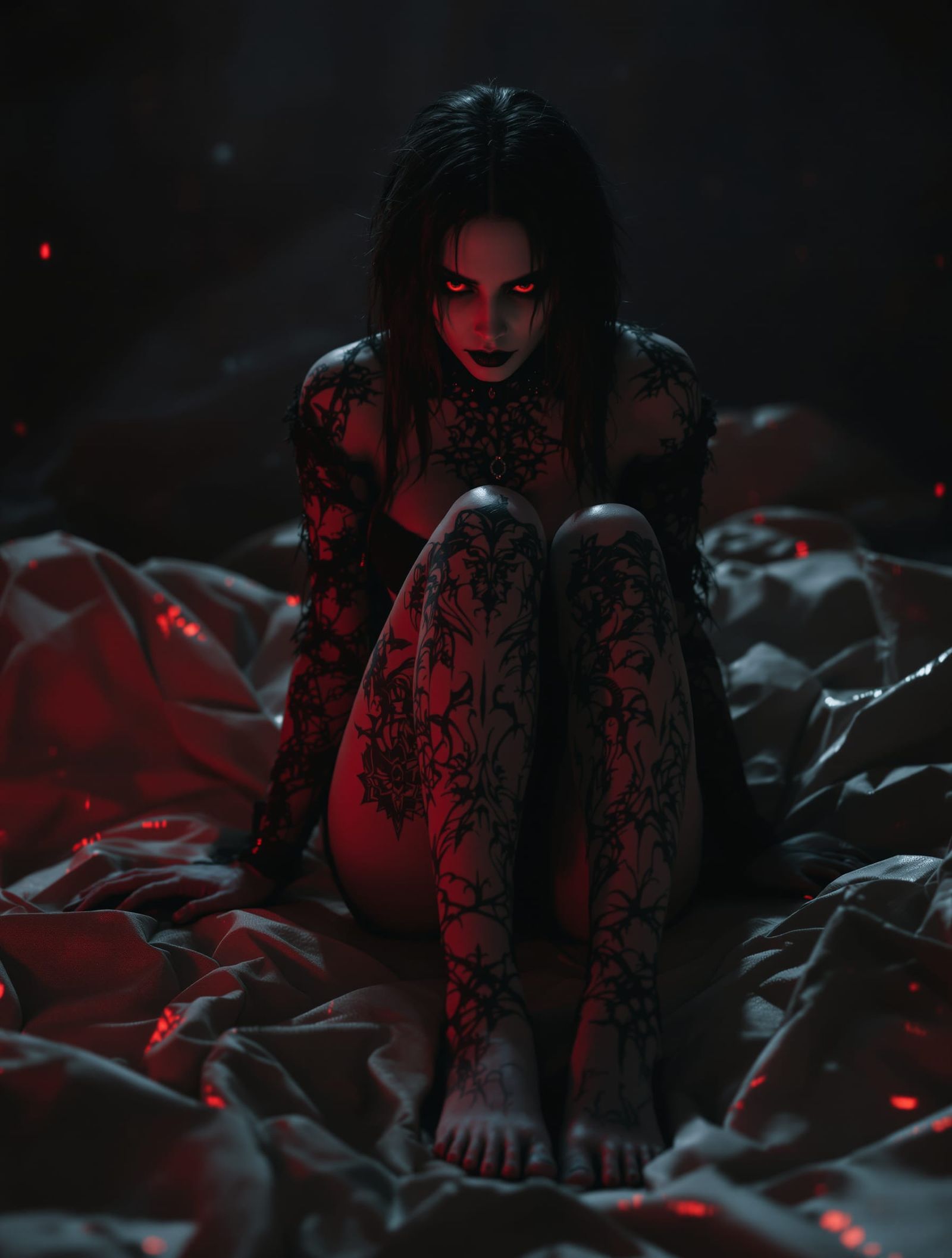 Gothic Vampire Angelic Mystic with Tattoos in Chiaroscuro St...