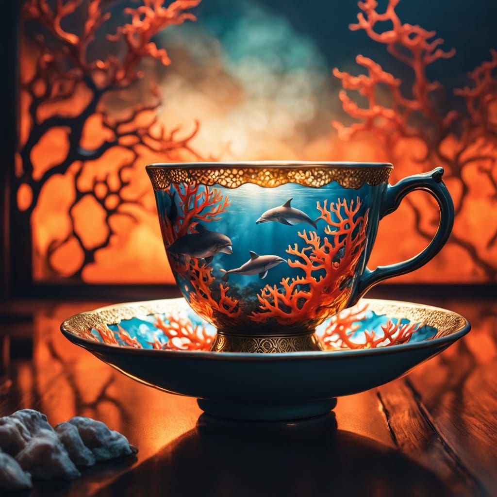 Coral Reef Teacup in Dreamlike Double Exposure