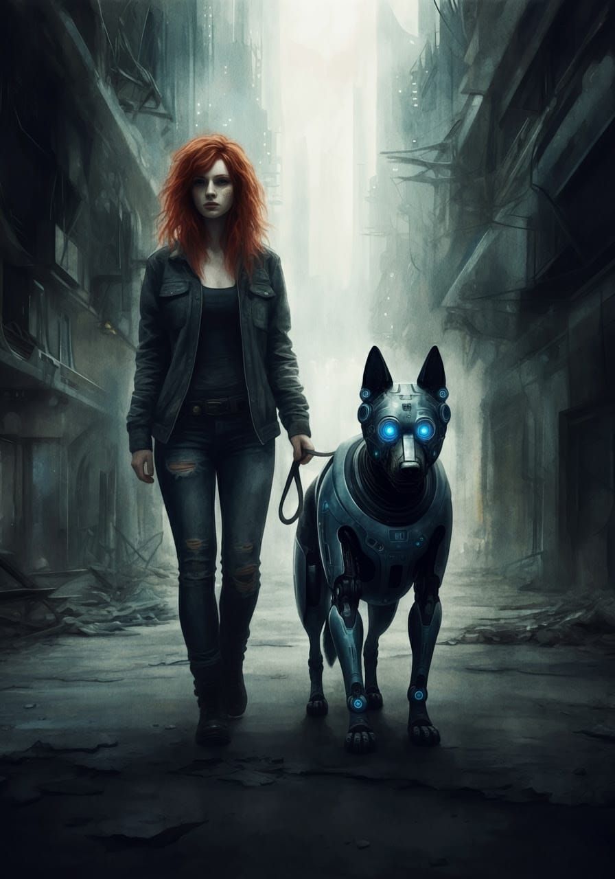 Cyborg Canine and Red-Haired Woman Stroll Through Futuristic...