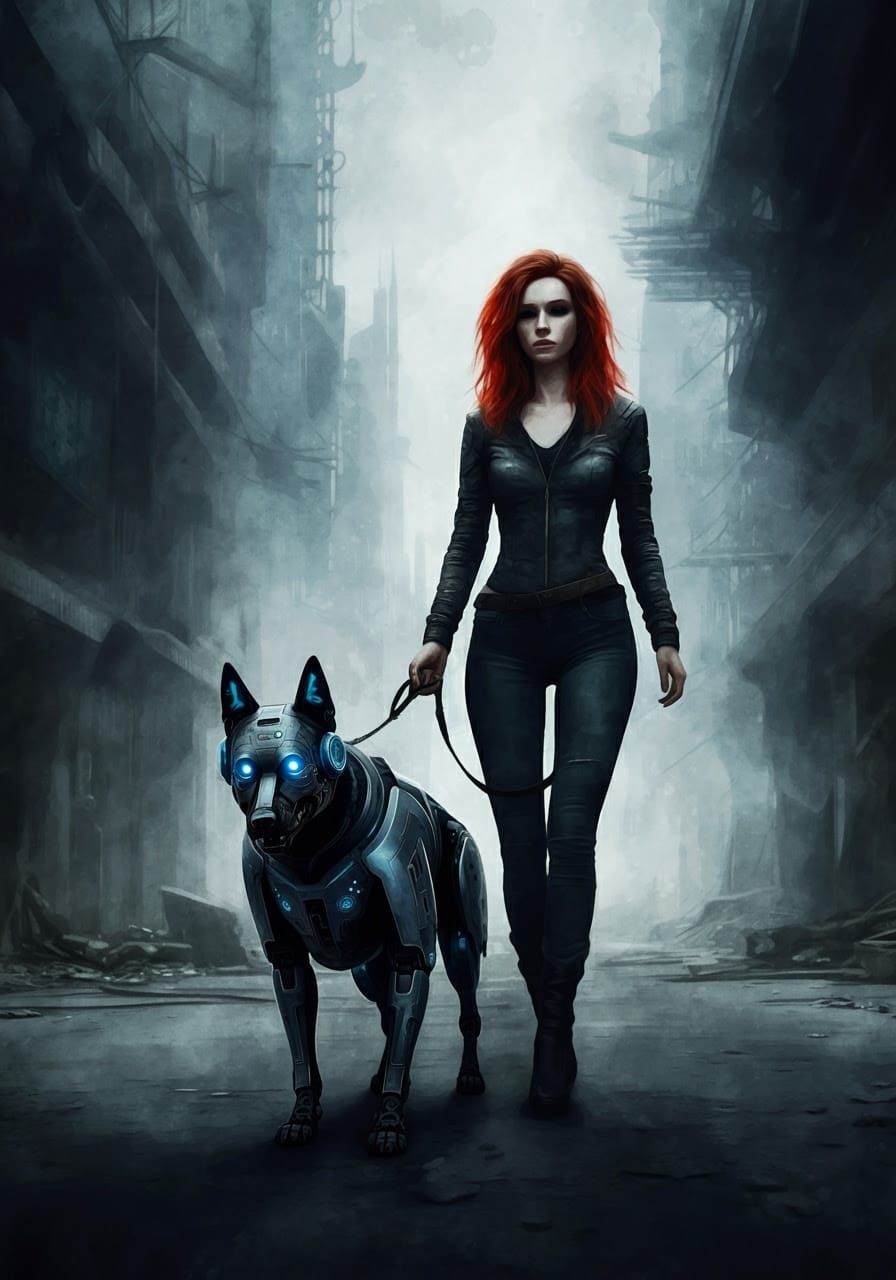 Ethereal Woman and Cyborg Dog Stroll Through Futuristic City...