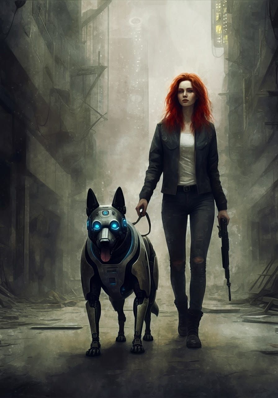 A Red-Haired Woman and Cybernetic German Shepherd Stroll thr...