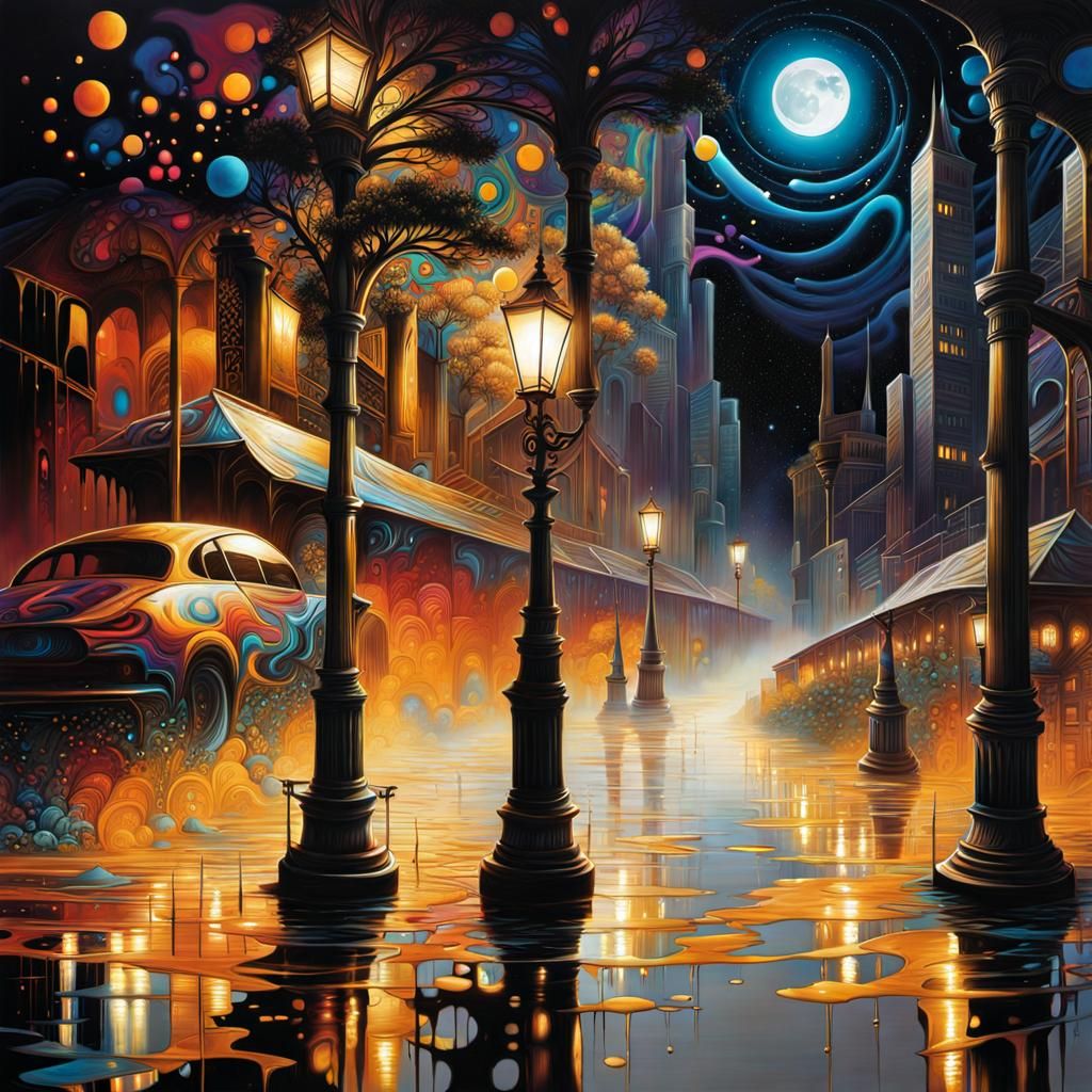 Dreamy Graffiti Art with Metallic Fractal Moonlight