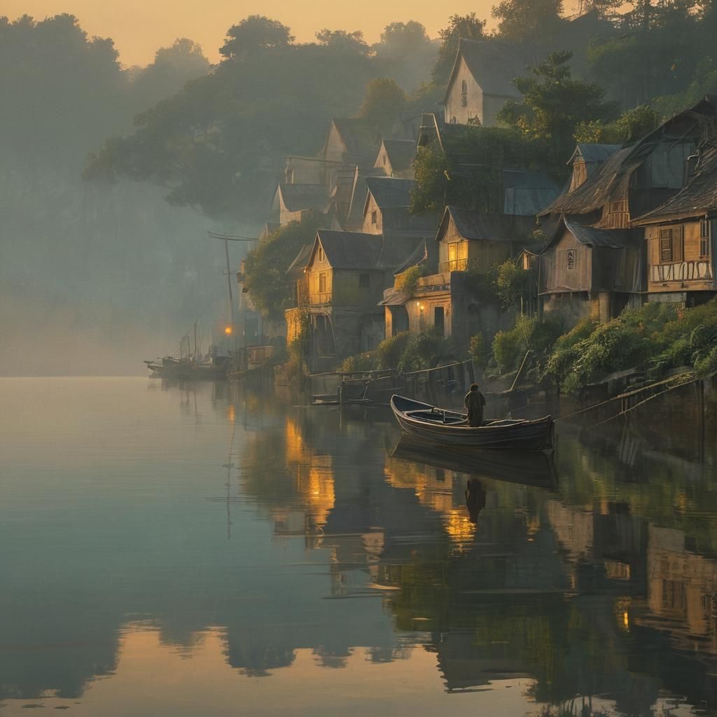 Misty Village Fisherman at Dawn in Golden Light