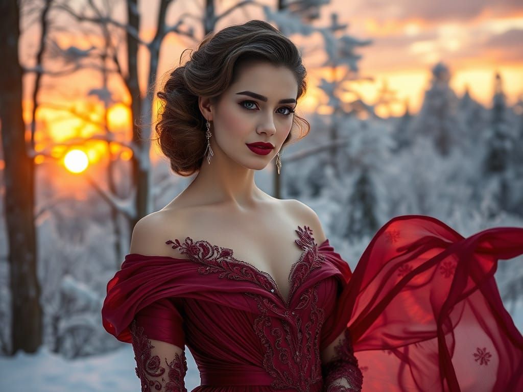 Elegant Lady in Wine Red Taffeta Gown, Set in Frosty Snowy F...