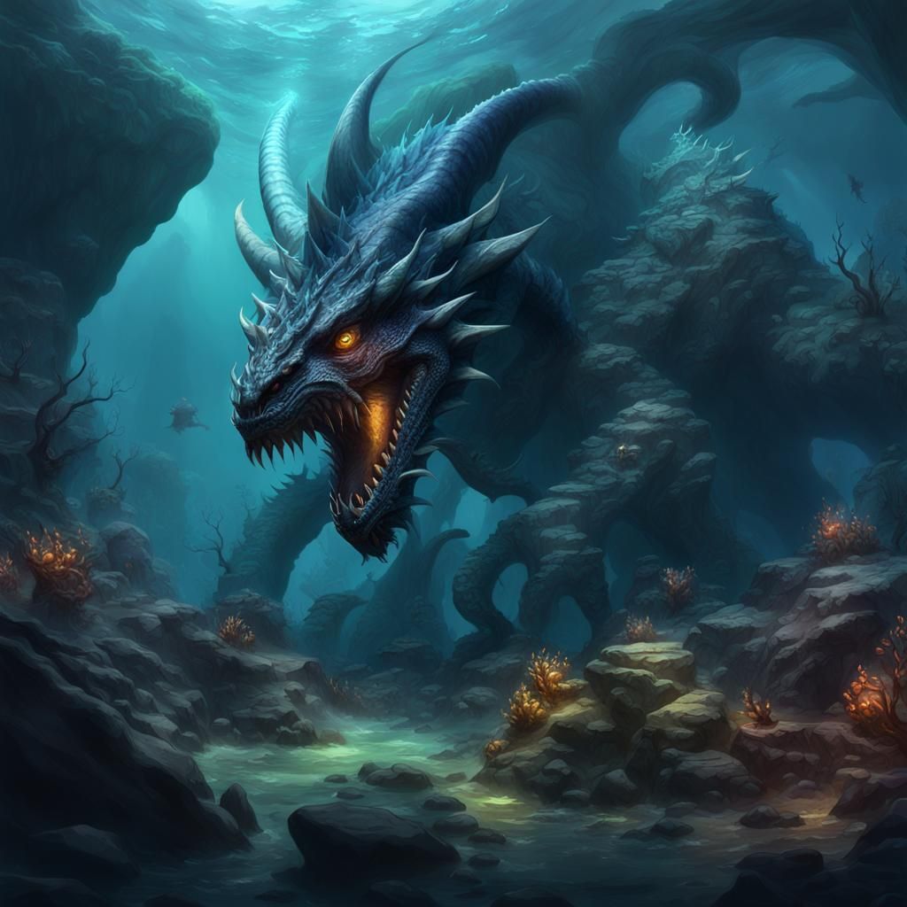 Scary Underwater Dragon Monster in Dark Ocean