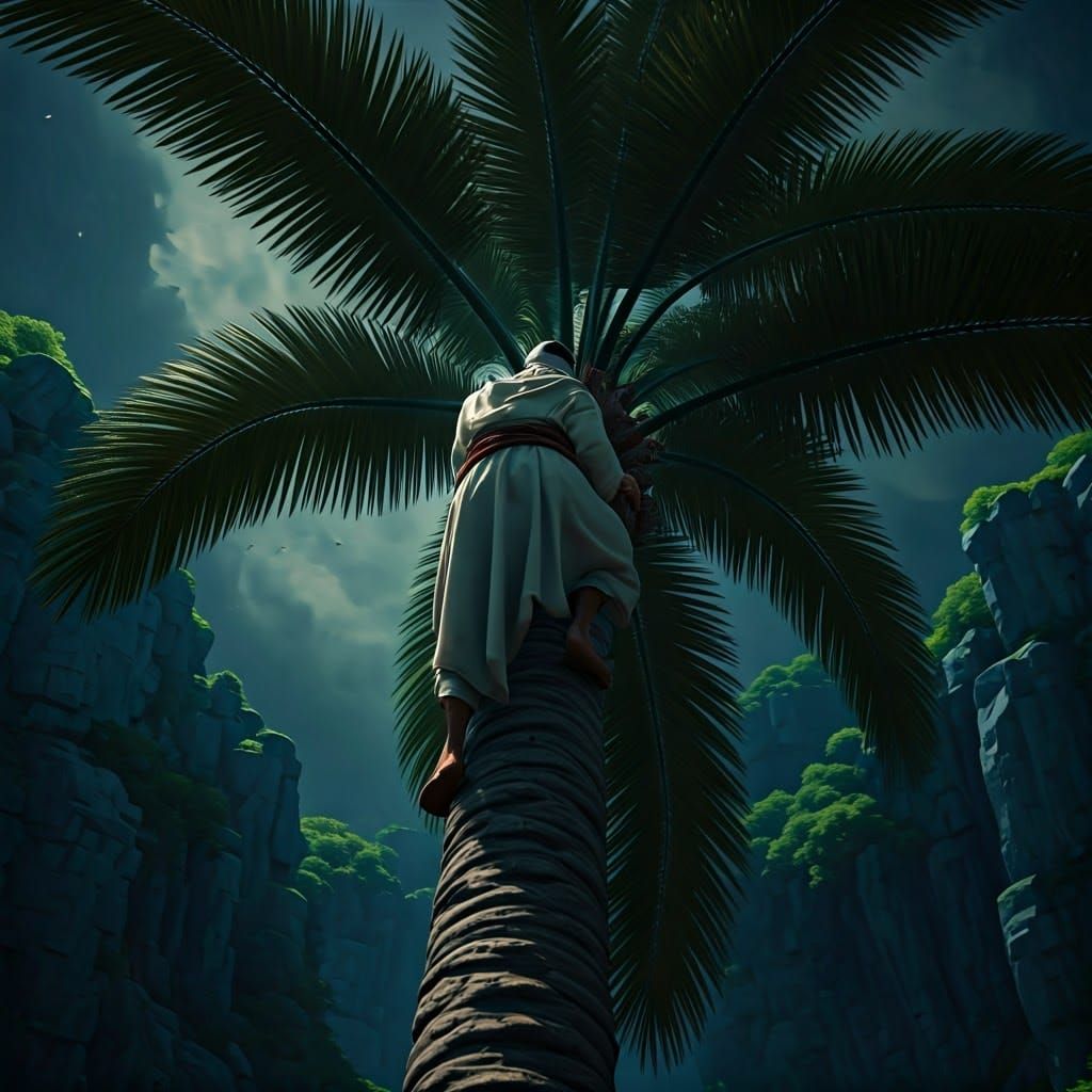 Elderly Man Climbs Palm Tree: Cinematic Film Still