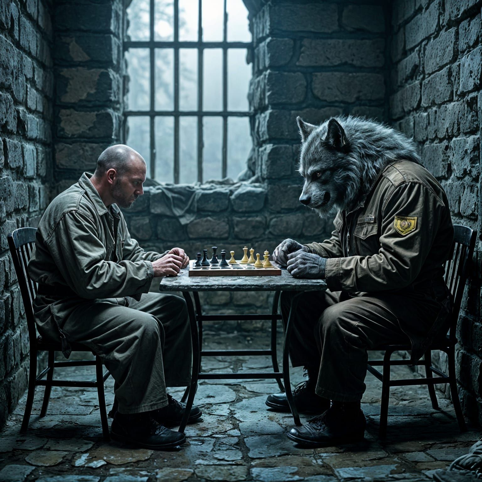 Prison Cell Scene: Man and Werewolf at Chess