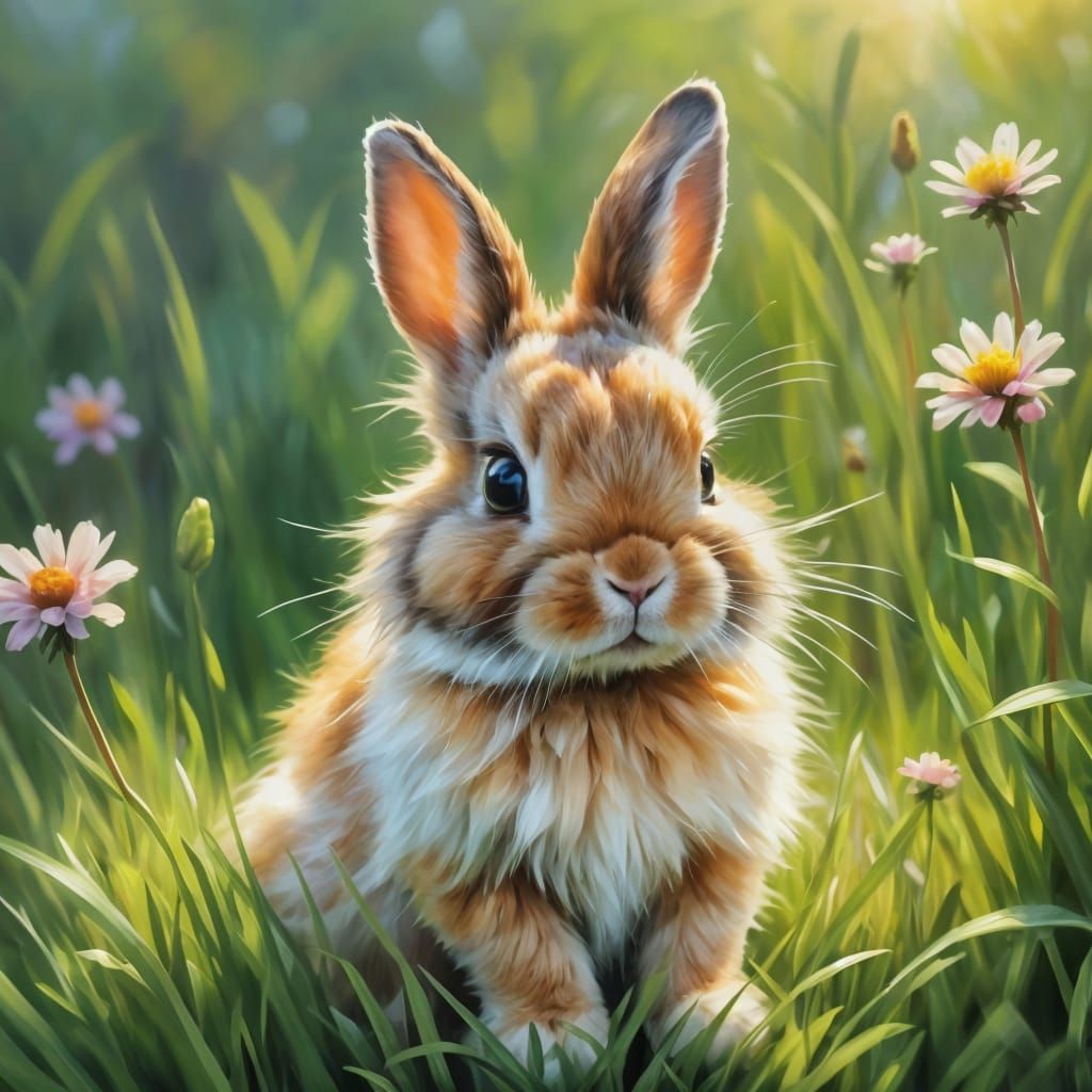 Cute Bunny in Meadow, Impressionist Oil Painting