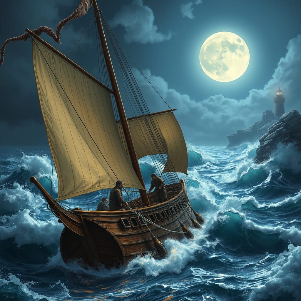 Medieval Sailing Vessel in Stormy Night