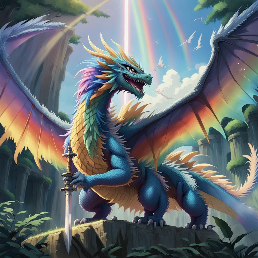 Rainbow Dragon Wields Sword in Anime Style