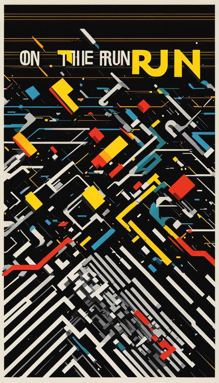 Album cover in style of 1980s synth rock tittle " On The Run" in bold Black letters