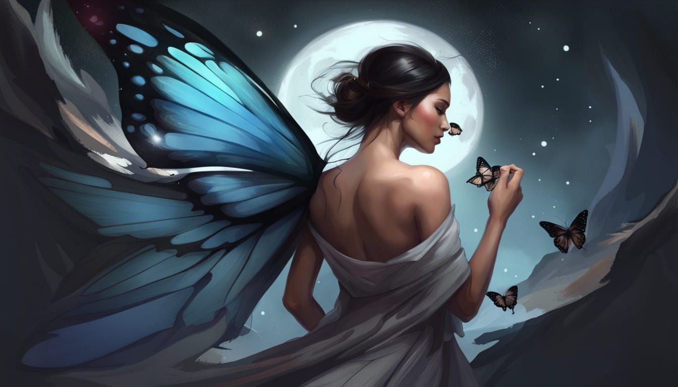 Butterfly Wing Woman Under Moon in Splash Art Style