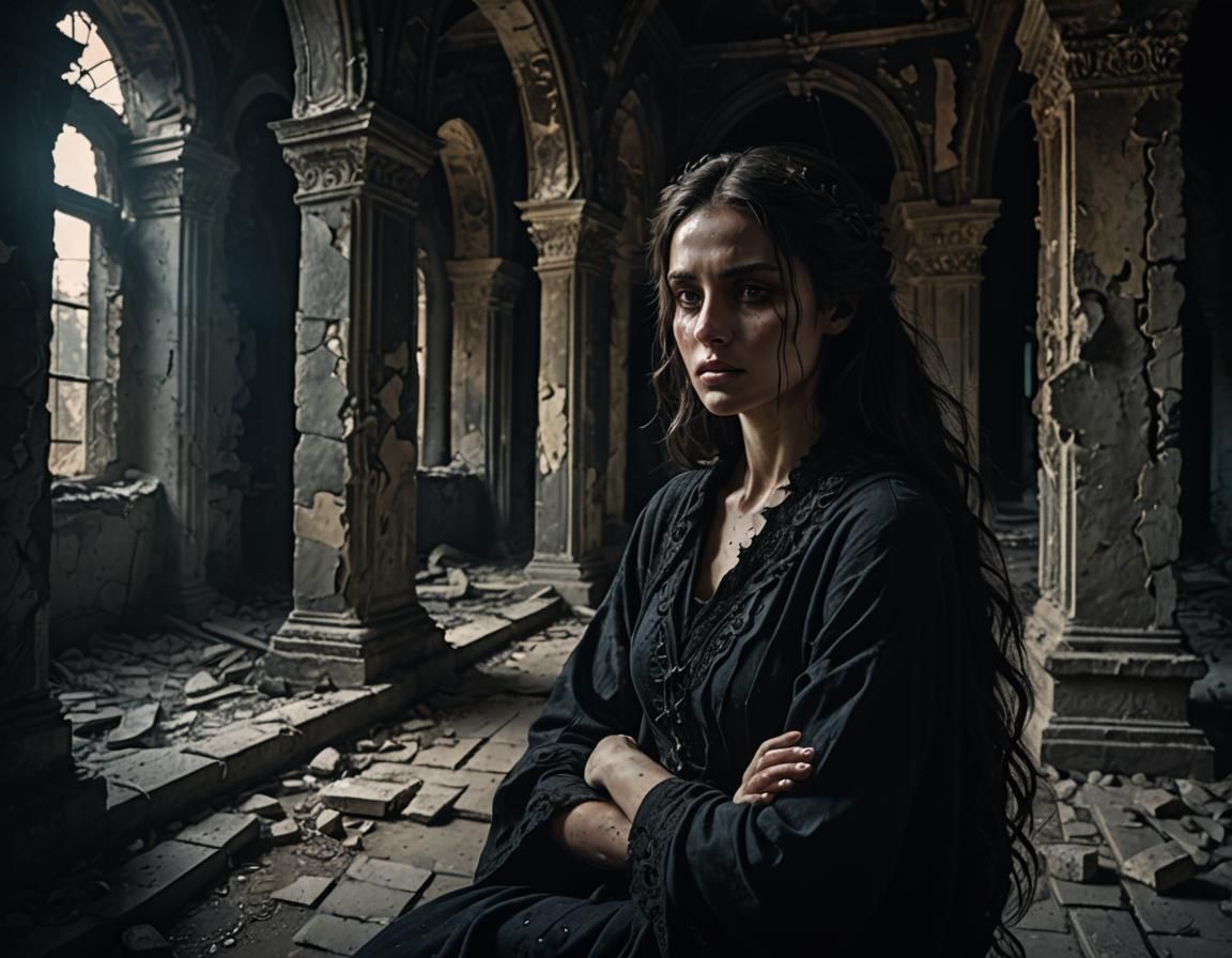 Sorrowful Dark Beauty in Ruined Palace